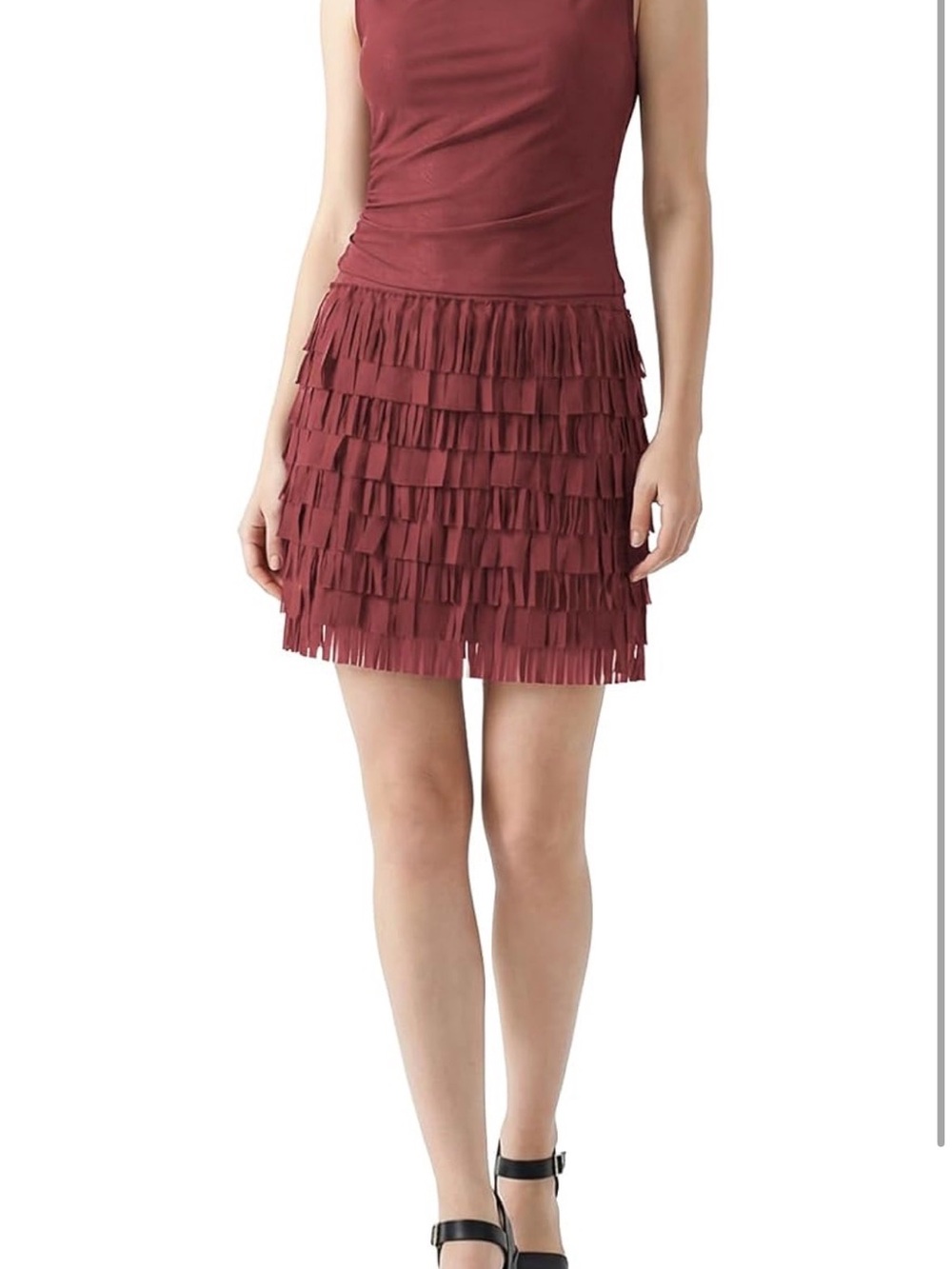 Tiered Fringe Mini Dress in Burgundy